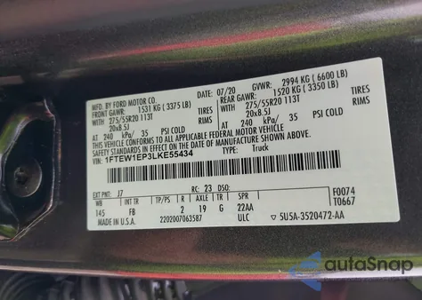 2020 Ford F-150 Xlt из США, поврежденный, VIN 1FTEW1EP3LKE55434